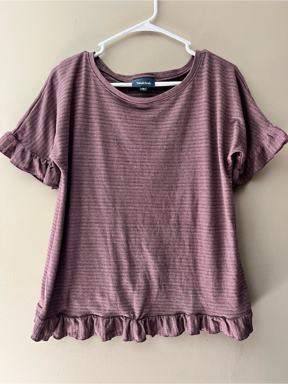 ModCloth mauve crossover back striped ruffle top size M.
